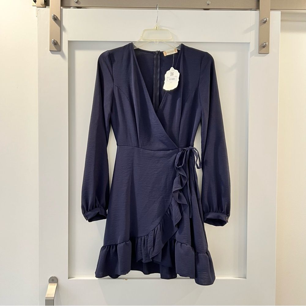 NWT Altar'd State Navy Long Sleeve Ruffle Wrap Dress Medium